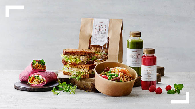 Sandwich, salat, tortilla og juice fra 7-Eleven i Lyngby 